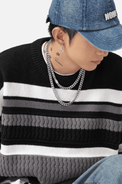 Style Core Aesthetics, New Style Trends Striped Cable Patchwork Design Pullover