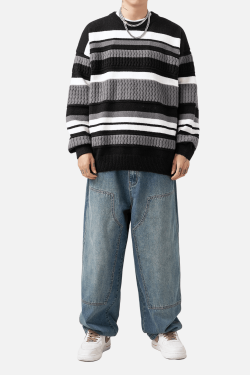 Style Core Aesthetics, New Style Trends Striped Cable Patchwork Design Pullover