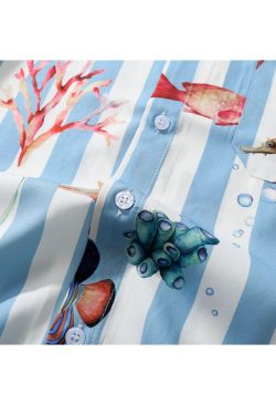 Style Core Aesthetics, New Style Trends Striped Fish Print Summer Shirt