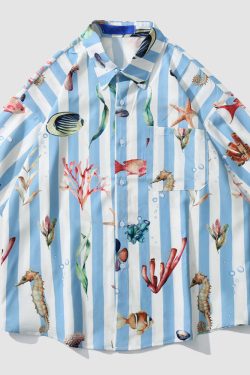Style Core Aesthetics, New Style Trends Striped Fish Print Summer Shirt