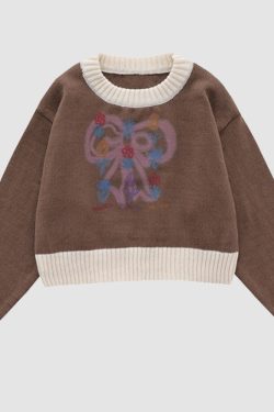 Style Core Aesthetics, New Style Trends Sweet Bow & Flower Print Cropped Sweater