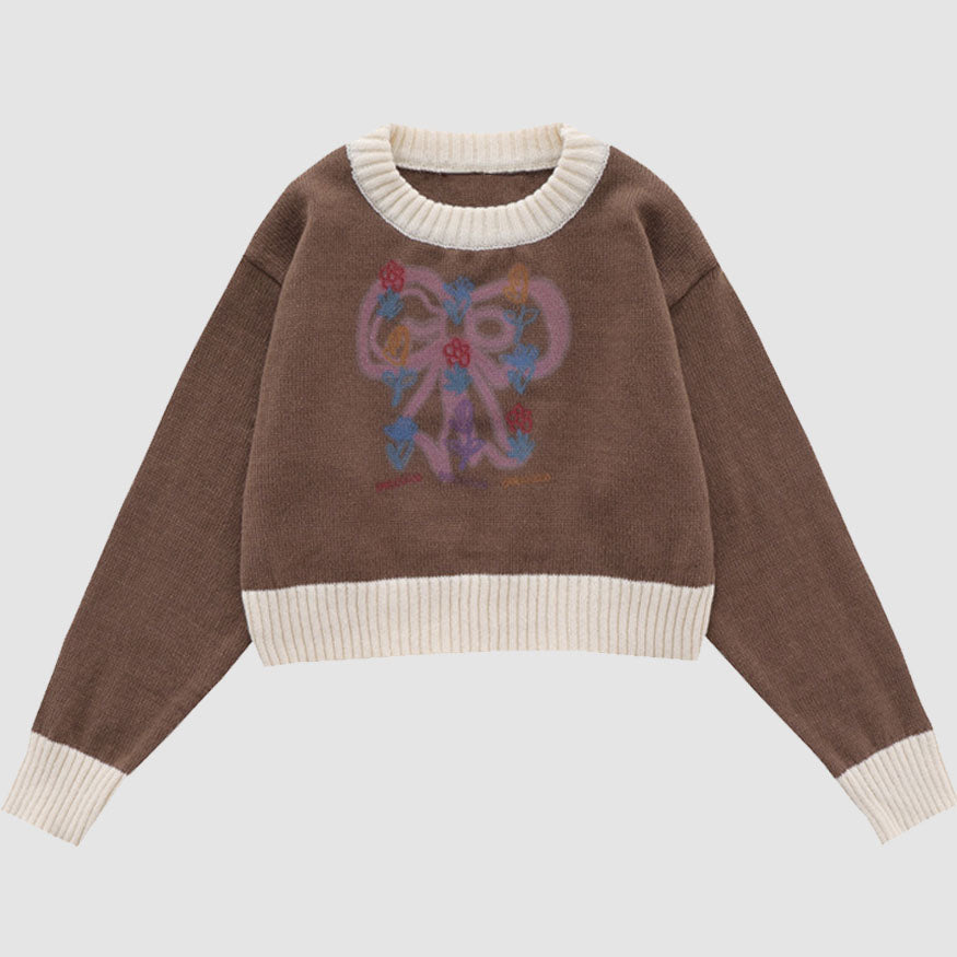 Style Core Aesthetics, New Style Trends Sweet Bow & Flower Print Cropped Sweater Style Core Aesthetics, New Style Trends Sweet Bow & Flower Print Cropped Sweater