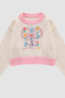 Style Core Aesthetics, New Style Trends Sweet Bow & Flower Print Cropped Sweater