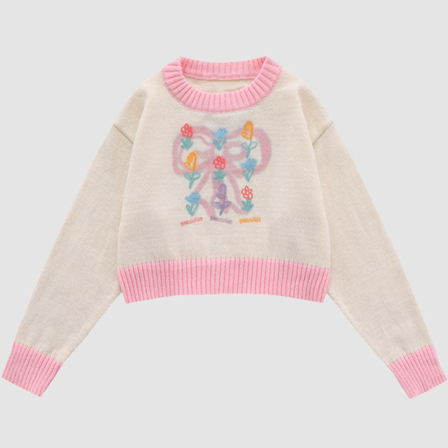 Style Core Aesthetics, New Style Trends Sweet Bow & Flower Print Cropped Sweater Style Core Aesthetics, New Style Trends Sweet Bow & Flower Print Cropped Sweater
