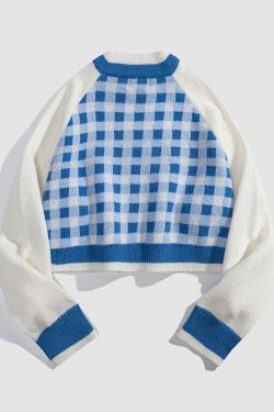 Style Core Aesthetics, New Style Trends Tassel Check Pattern Patchwork Cropped Sweater