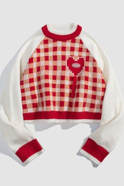 Style Core Aesthetics, New Style Trends Tassel Check Pattern Patchwork Cropped Sweater