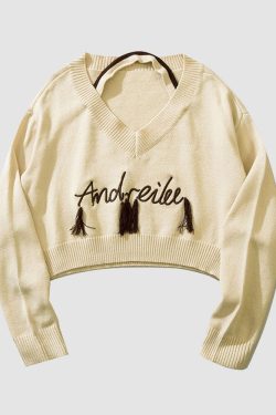 Style Core Aesthetics, New Style Trends Tassel Letter Embroidery Halter Neck Cropped Sweater