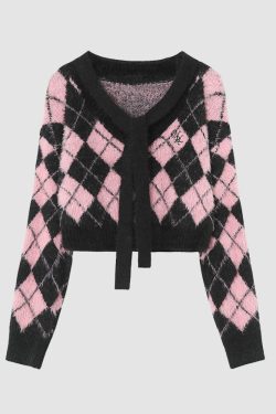 Style Core Aesthetics, New Style Trends Tie + Argyle Pattern Cropped Sweater