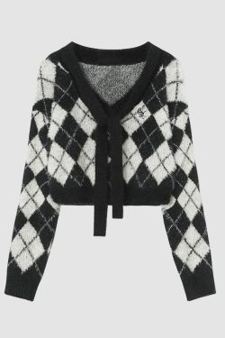Style Core Aesthetics, New Style Trends Tie + Argyle Pattern Cropped Sweater