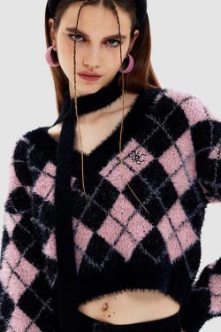 Style Core Aesthetics, New Style Trends Tie + Argyle Pattern Cropped Sweater