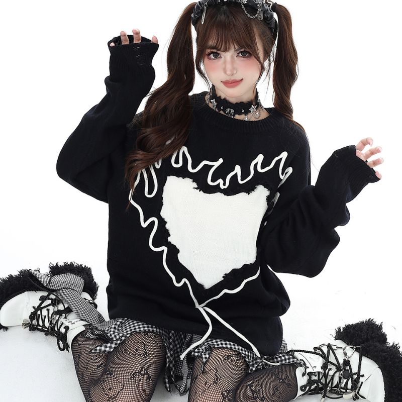 Style Core Aesthetics, New Style Trends Trendy Heart-Embossed Loose Knit Sweater Style Core Aesthetics, New Style Trends Trendy Heart-Embossed Loose Knit Sweater