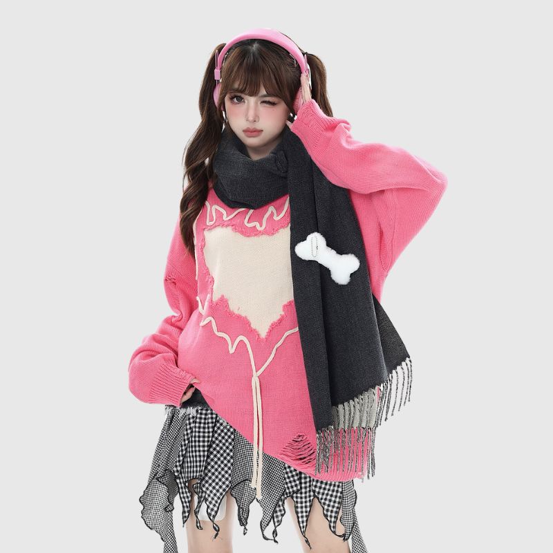 Style Core Aesthetics, New Style Trends Trendy Heart-Embossed Loose Knit Sweater Style Core Aesthetics, New Style Trends Trendy Heart-Embossed Loose Knit Sweater