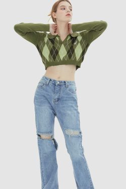 Style Core Aesthetics, New Style Trends Turndown Collar Butterfly Embroidery Cropped Sweater