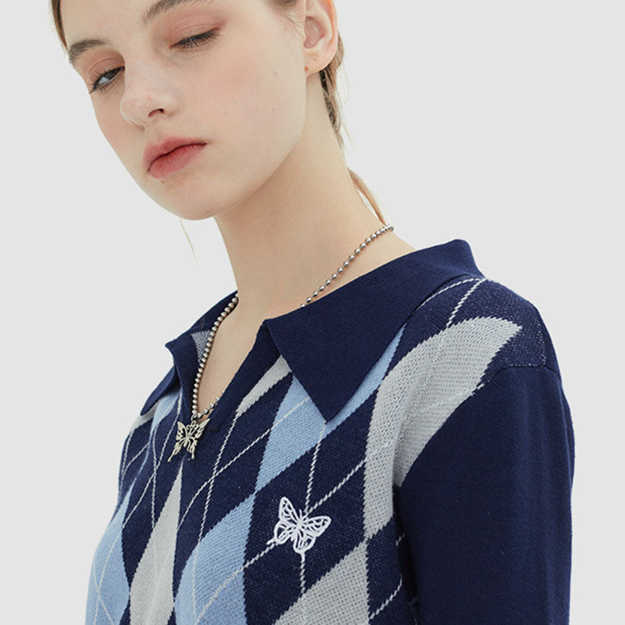 Style Core Aesthetics, New Style Trends Turndown Collar Butterfly Embroidery Cropped Sweater Style Core Aesthetics, New Style Trends Turndown Collar Butterfly Embroidery Cropped Sweater