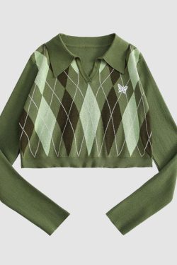 Style Core Aesthetics, New Style Trends Turndown Collar Butterfly Embroidery Cropped Sweater