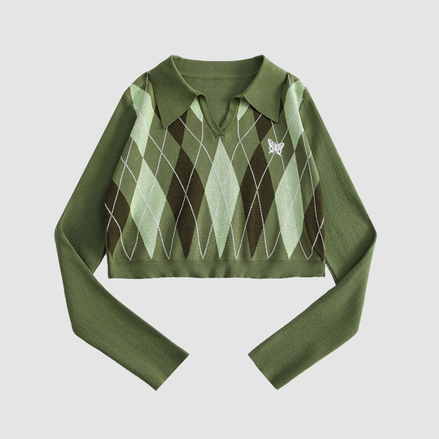 Style Core Aesthetics, New Style Trends Turndown Collar Butterfly Embroidery Cropped Sweater Style Core Aesthetics, New Style Trends Turndown Collar Butterfly Embroidery Cropped Sweater