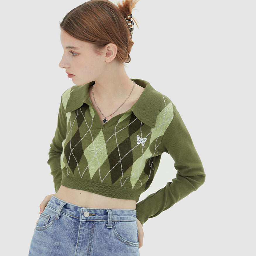 Style Core Aesthetics, New Style Trends Turndown Collar Butterfly Embroidery Cropped Sweater Style Core Aesthetics, New Style Trends Turndown Collar Butterfly Embroidery Cropped Sweater