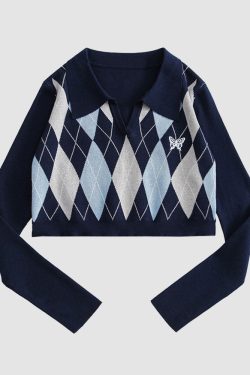 Style Core Aesthetics, New Style Trends Turndown Collar Butterfly Embroidery Cropped Sweater