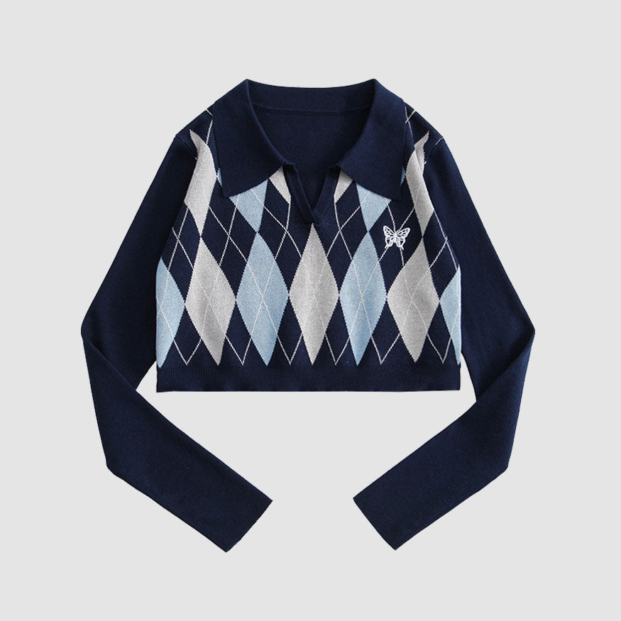 Style Core Aesthetics, New Style Trends Turndown Collar Butterfly Embroidery Cropped Sweater Style Core Aesthetics, New Style Trends Turndown Collar Butterfly Embroidery Cropped Sweater