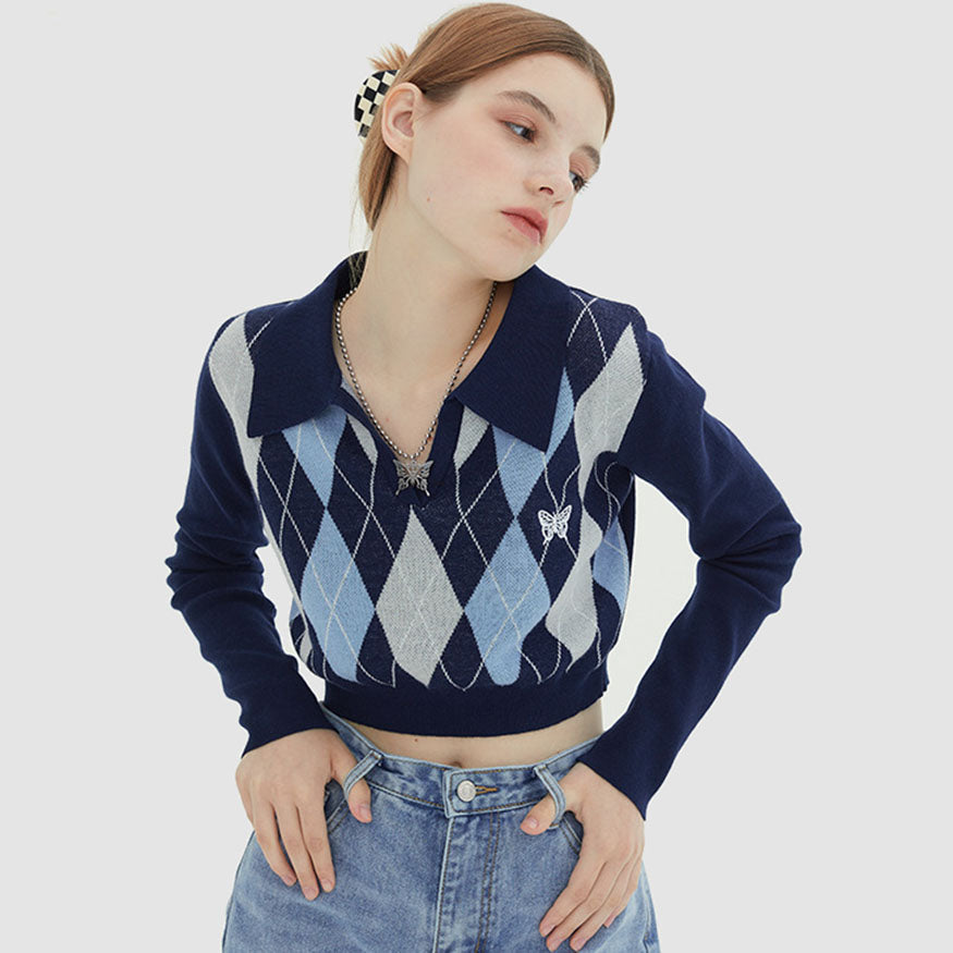 Style Core Aesthetics, New Style Trends Turndown Collar Butterfly Embroidery Cropped Sweater Style Core Aesthetics, New Style Trends Turndown Collar Butterfly Embroidery Cropped Sweater