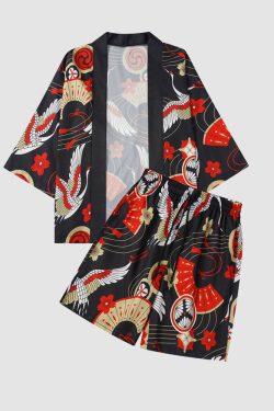 Style Core Aesthetics, New Style Trends Two Piece Crane Print Kimono + Shorts