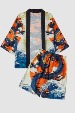 Style Core Aesthetics, New Style Trends Two Piece Dragon Print Kimono + Shorts