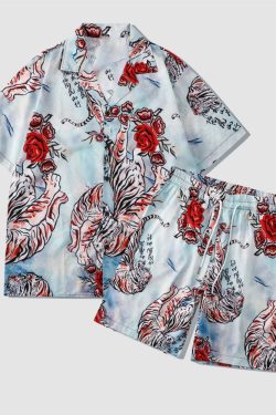Style Core Aesthetics, New Style Trends Two Piece Tiger & Rose Print Shirt + Shorts