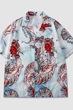 Style Core Aesthetics, New Style Trends Two Piece Tiger & Rose Print Shirt + Shorts