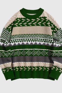 Style Core Aesthetics, New Style Trends Vintage Round Neck Diamond Pattern Sweater