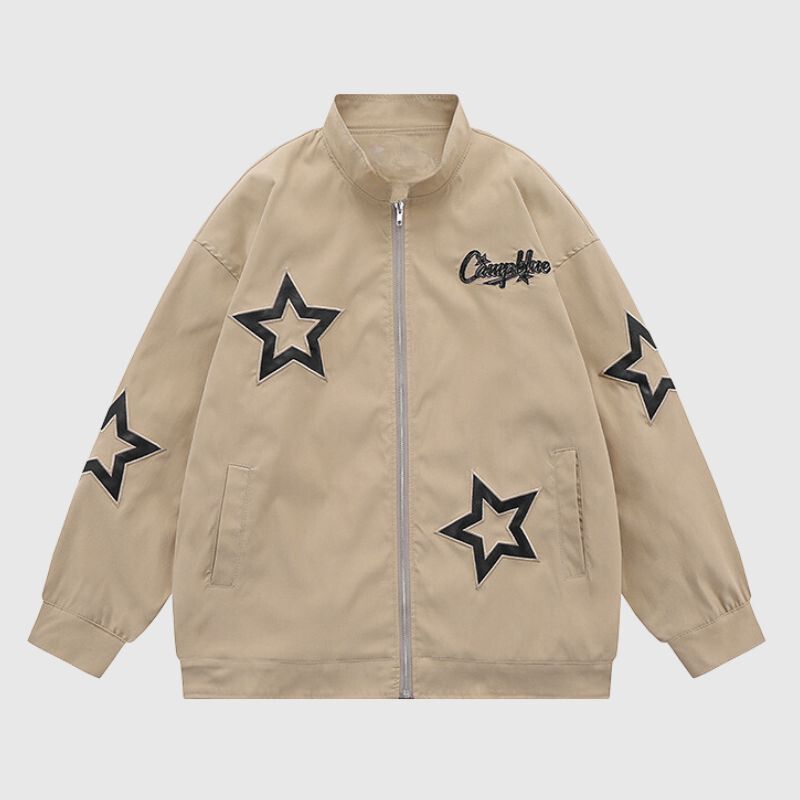 Style Core Aesthetics, New Style Trends Vintage Star Embroidered Stand Collar Jacket Style Core Aesthetics, New Style Trends Vintage Star Embroidered Stand Collar Jacket