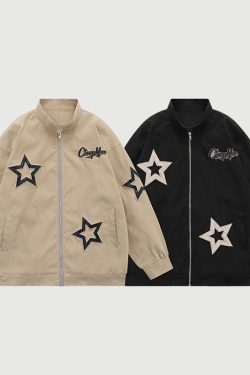 Style Core Aesthetics, New Style Trends Vintage Star Embroidered Stand Collar Jacket