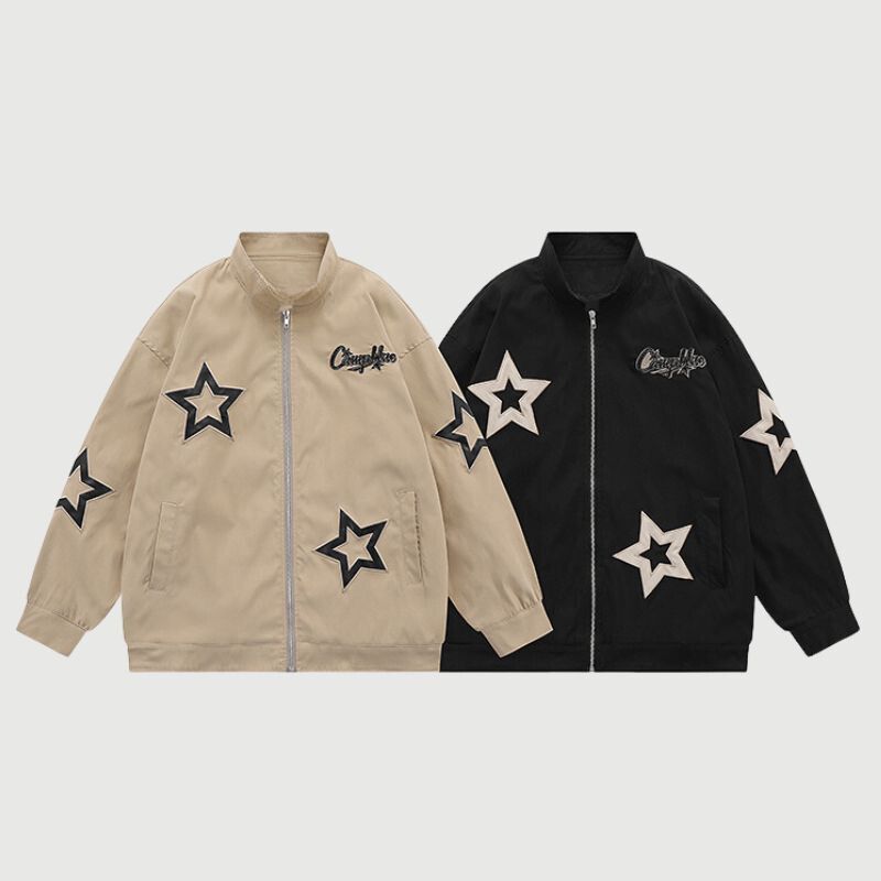 Style Core Aesthetics, New Style Trends Vintage Star Embroidered Stand Collar Jacket Style Core Aesthetics, New Style Trends Vintage Star Embroidered Stand Collar Jacket