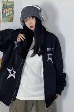 Style Core Aesthetics, New Style Trends Vintage Star Embroidered Stand Collar Jacket