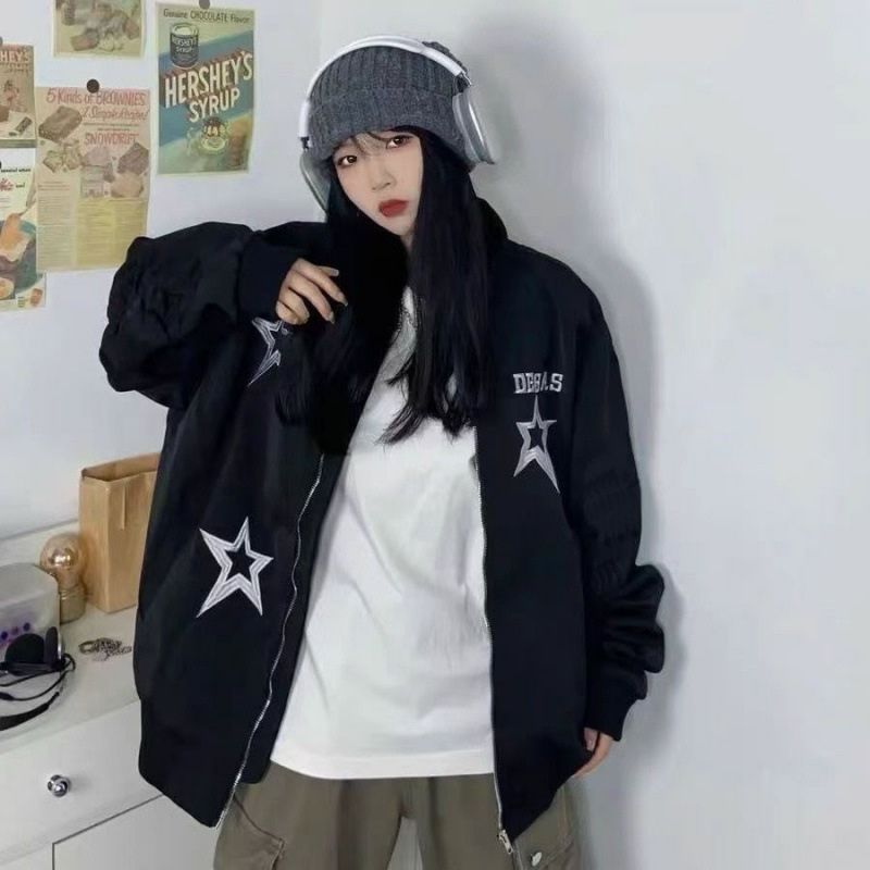 Style Core Aesthetics, New Style Trends Vintage Star Embroidered Stand Collar Jacket Style Core Aesthetics, New Style Trends Vintage Star Embroidered Stand Collar Jacket