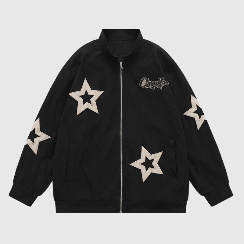Style Core Aesthetics, New Style Trends Vintage Star Embroidered Stand Collar Jacket Style Core Aesthetics, New Style Trends Vintage Star Embroidered Stand Collar Jacket