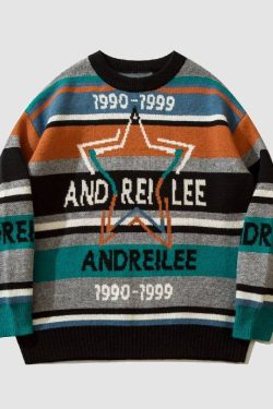 Style Core Aesthetics, New Style Trends Vintage Star Print Striped Sweater