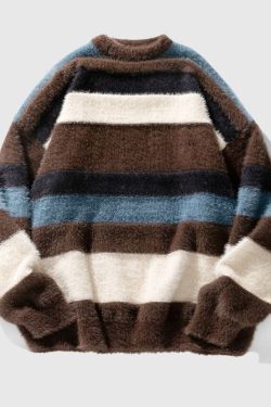 Style Core Aesthetics, New Style Trends Vintage Striped Round Neck Knit Sweater