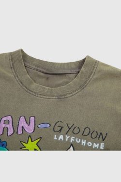 Style Core Aesthetics, New Style Trends Washed Distressed Anime Pinted Tee