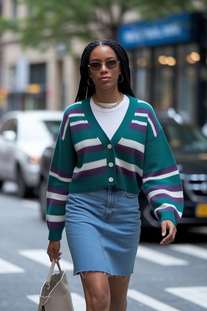Cardigan and Jean Skirt Outfit Black Women: Trendy Looks outfit idea