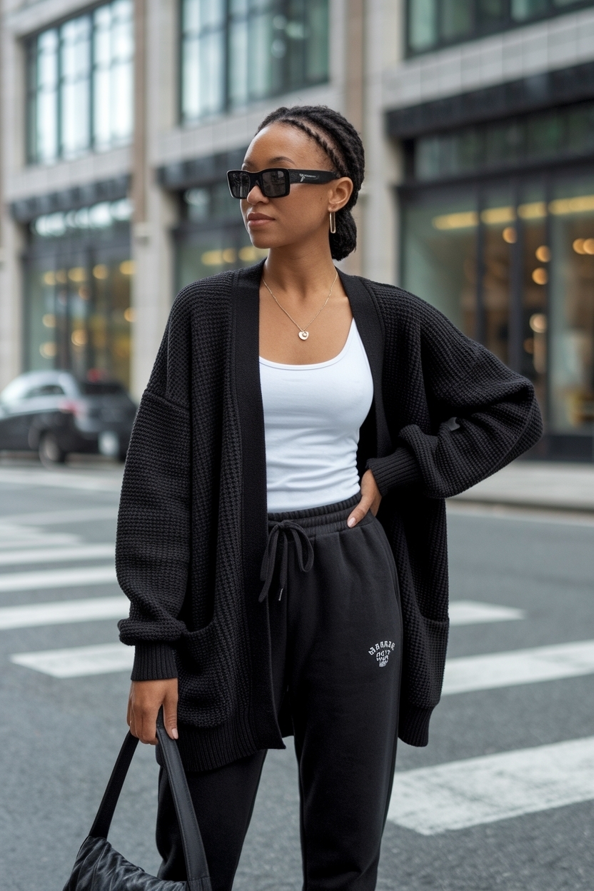 Casual Comfort: Cardigan Outfit for Black Women in Sweatpants outfit idea