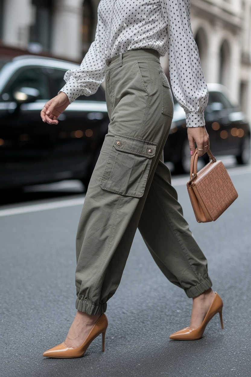 Chic Cargo Pants with Heels Outfit for Evening Events outfit idea
