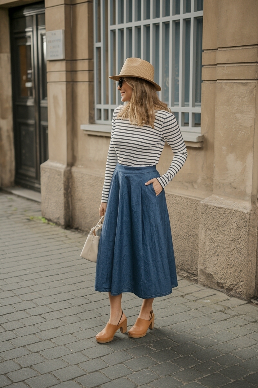 Clogs Outfit for Women Denim Skirt: Fashion Pairing outfit idea