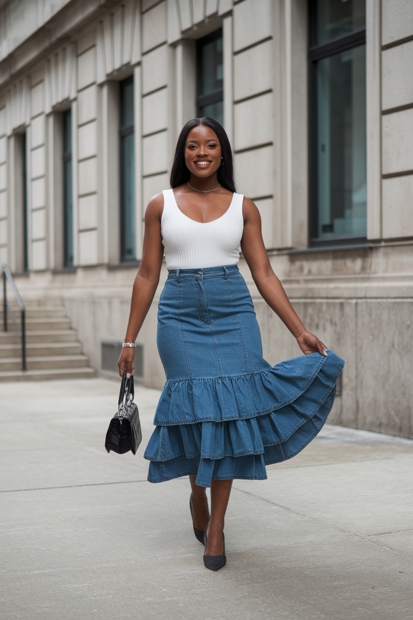 Denim Ruffle Skirt Outfit Black Women: Flirty Styles outfit idea