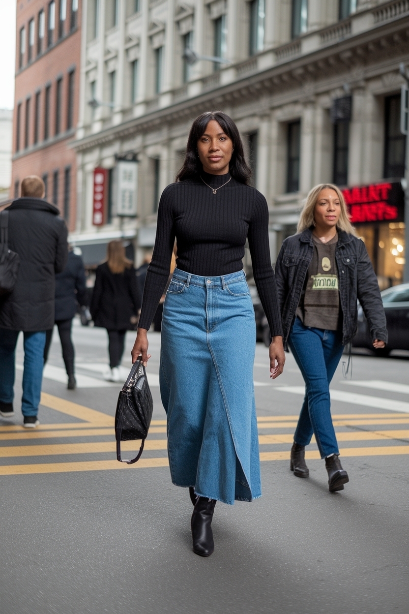 Denim Skirt Outfit Black Women with Boot: Fashion Forward outfit idea