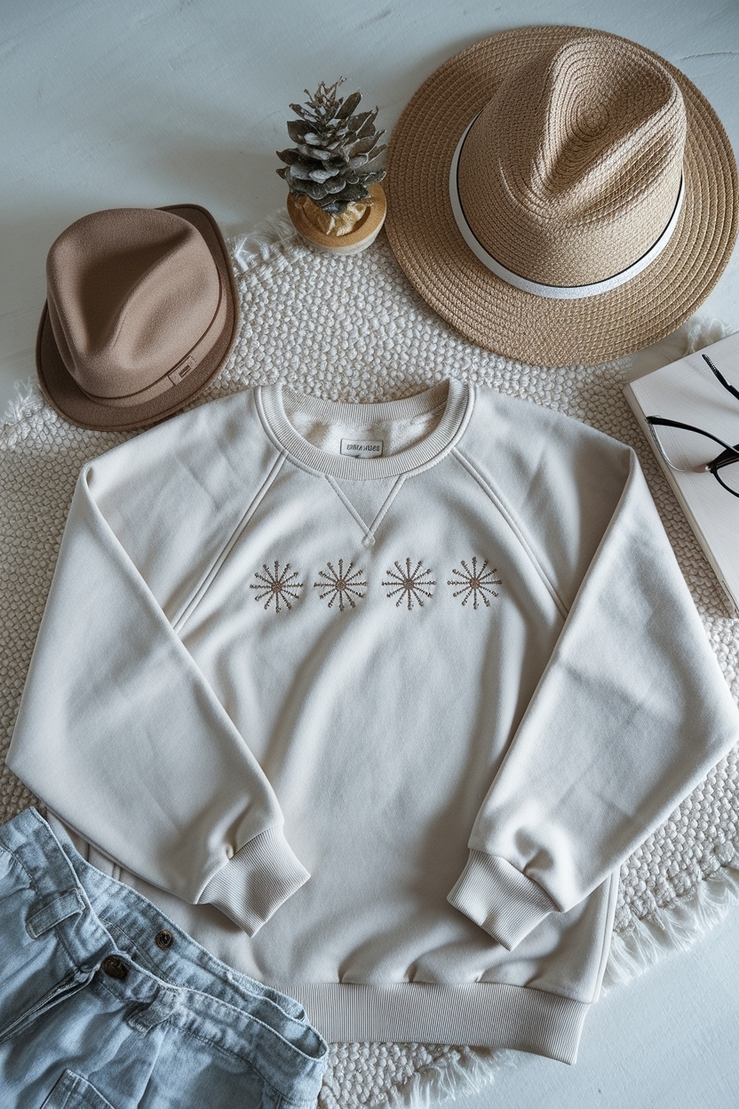 Flat Lay of Neutral Embroidered Sweatshirt for Aesthetic outfit idea