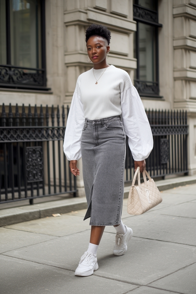 Gray Denim Skirt Outfit Inspiration for Black Women outfit idea