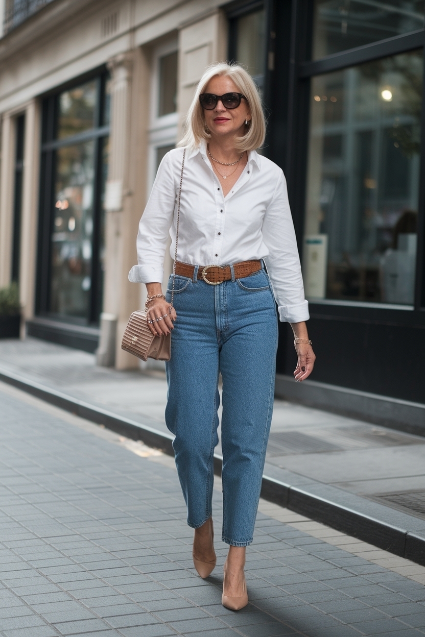 High waisted jeans outfit women over 40 for a fashionable fit outfit idea
