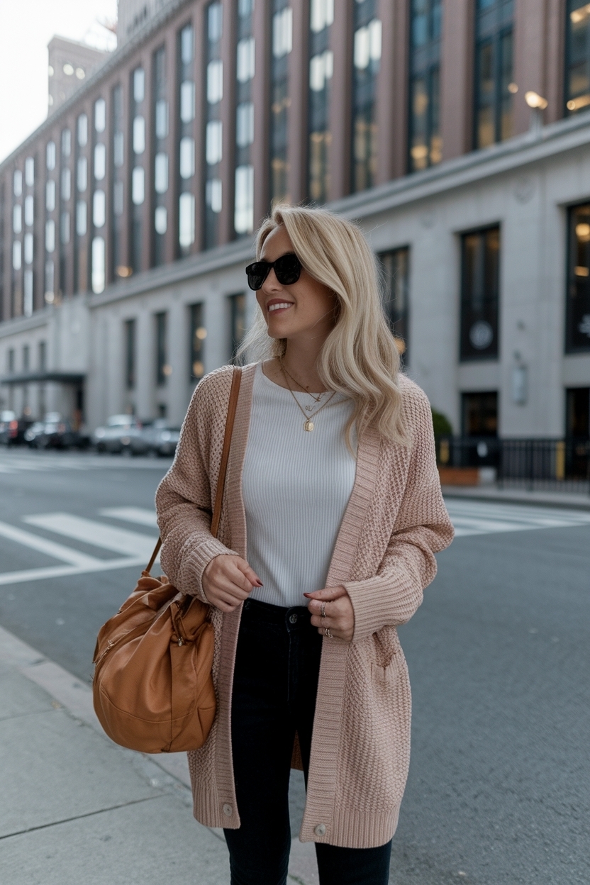 How to Style a Cardigan Outfit Women with Denim Skirts outfit idea