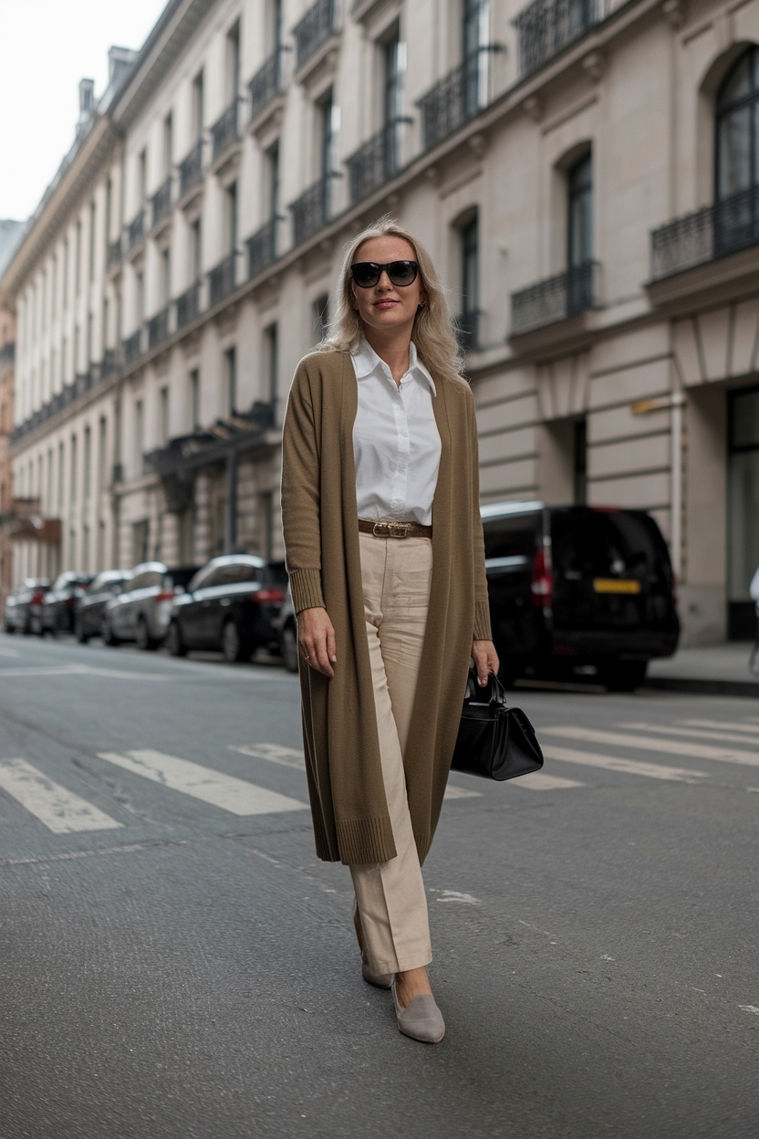 Khaki Long Cardigan Outfit for Women in Fashion outfit idea