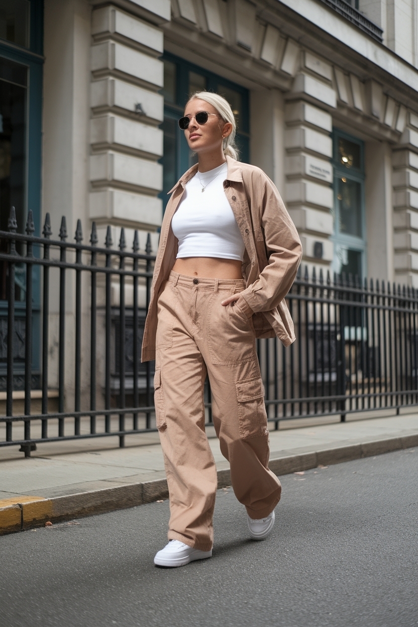 Light brown cargo pants outfit for soft, neutral tones outfit idea